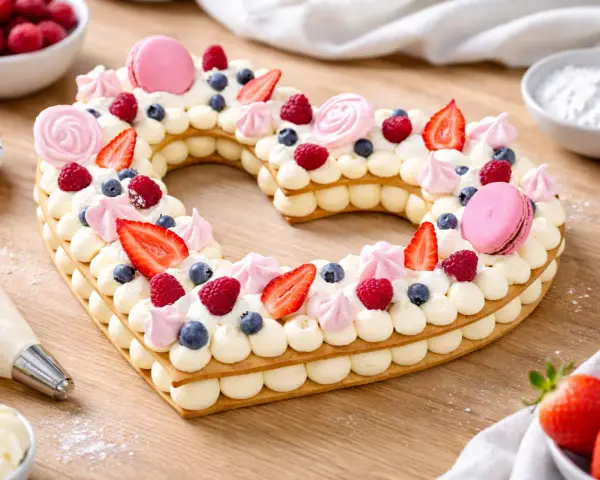 Un magnifique number cake licorne en forme de cœur, garni de fruits rouges, de macarons roses et de crème onctueuse.