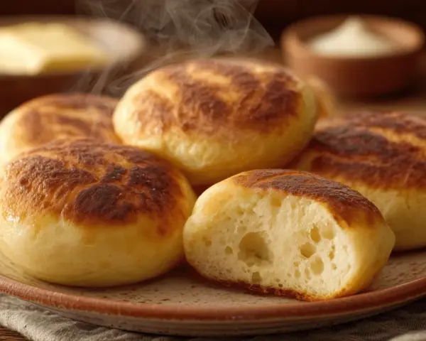 Dampfnudle moelleux et dorés, un délice de la recette traditionnelle. Vapeur s'échappant d'une assiette, avec du beurre et de la crème en arrière-plan.