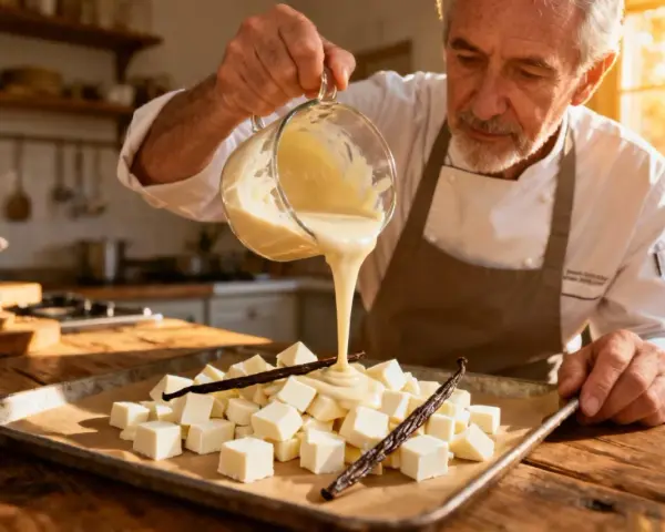 Un chef verse une ganache vanille onctueuse sur des cubes de chocolat blanc et des gousses de vanille.