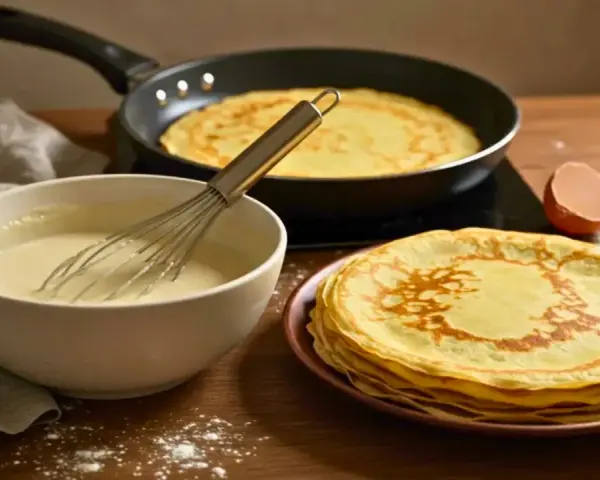 Préparation d'une recette de crêpes : pâte dans un bol, crêpes cuites dans une poêle et empilées, œufs et farine.