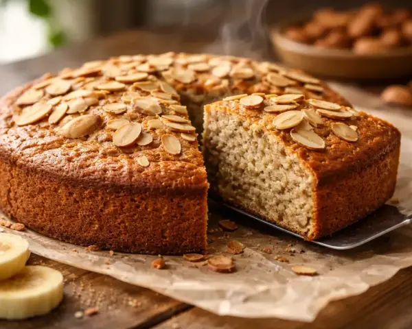 Un délicieux gâteau sans sucre, garni d'amandes effilées, avec une part servie sur une pelle.