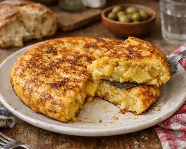 Une délicieuse tortilla de pommes de terre, prête à être dégustée. Une recette simple et savoureuse pour un repas parfait.