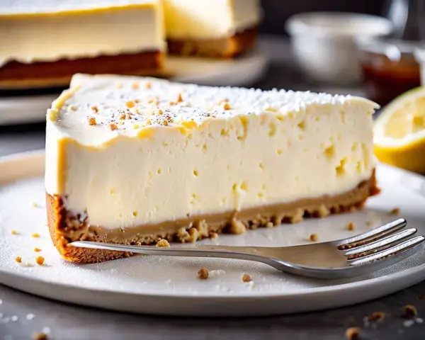 Tranche de cheesecake sans cuisson crémeux, garnie de miettes et de sucre glace, avec un quartier de citron à côté.