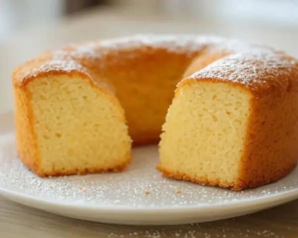 Gâteau moelleux en forme de couronne, saupoudré de sucre glace. Un délicieux dessert sans oeuf, parfait pour toutes les occasions.