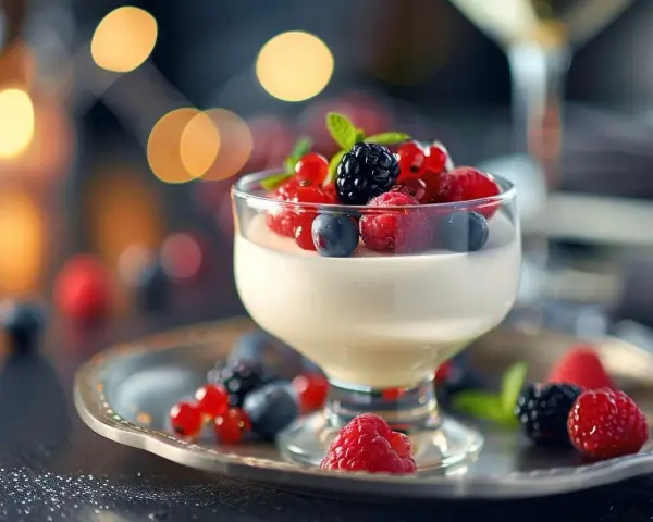 Délicieuse panna cotta crémeuse garnie de fruits rouges frais et d'une feuille de menthe, sur un plateau argenté.