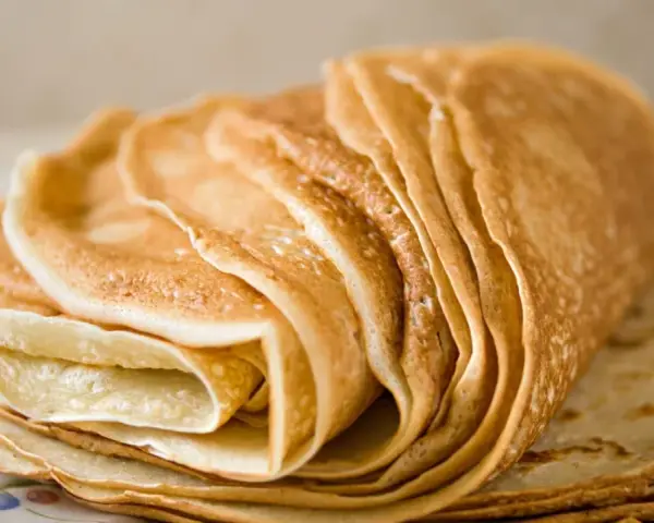 Pile de crêpes dorées, parfaites pour une recette crêpe sans beurre. Elles sont fines et légères, prêtes à être garnies.