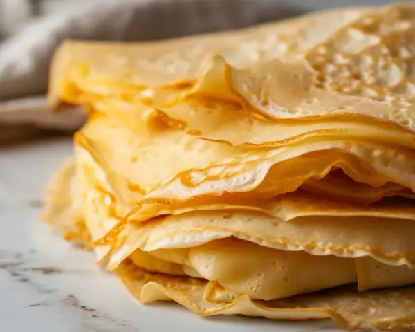 Pile de crêpes dorées et fines, parfaites pour un petit-déjeuner gourmand. Ces crêpes sans lait sont légères et délicieuses.