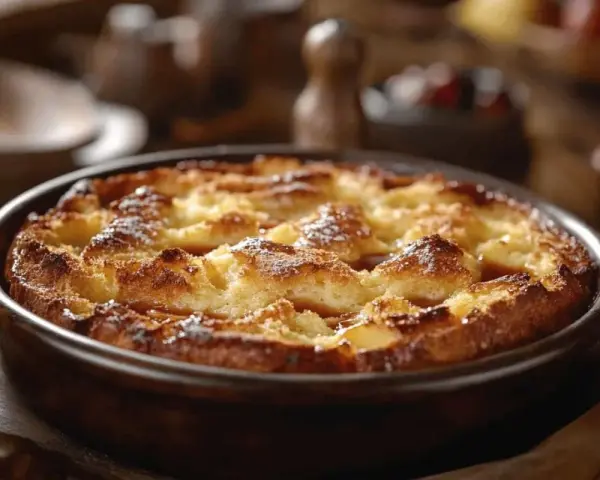 Un délicieux pain perdu doré et croustillant, saupoudré de sucre glace, dans un plat en terre cuite.