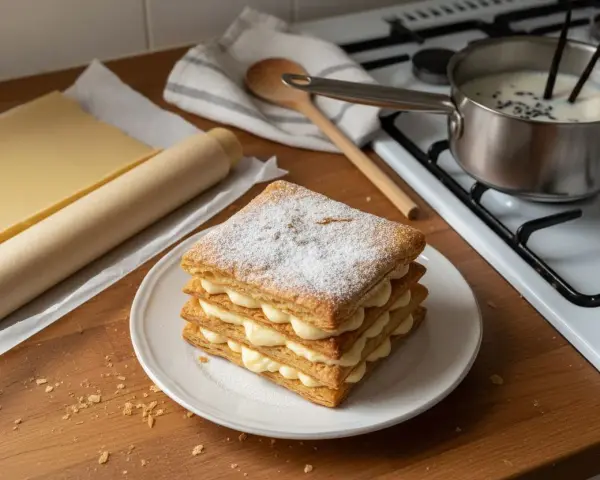 Un mille-feuille prêt à être dégusté, avec de la pâte feuilletée et de la crème pâtissière. On se demande si peut on faire un mille-feuille la veille pour un plaisir garanti.