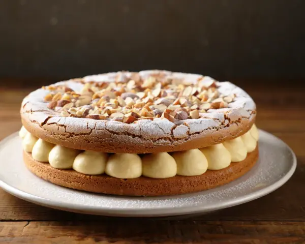 Dacquoise aux amandes et crème pâtissière. On peut faire une dacquoise la veille, elle sera parfaite pour ce gâteau !