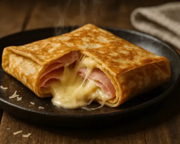 Crêpe garnie de jambon et de fromage fondant, dégageant une vapeur appétissante. Un délice simple et réconfortant.