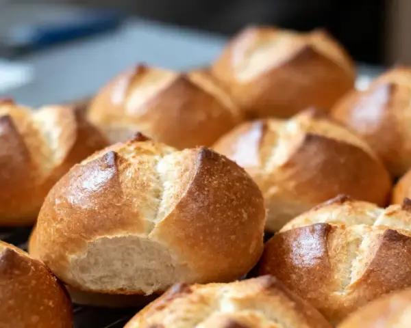 Une fournée de petits pains allemands dorés et croustillants, prêts à être dégustés.