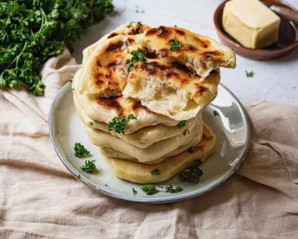 Pile de cheese naan moelleux, dorés et parsemés de persil frais. Un délice à déguster avec du beurre.