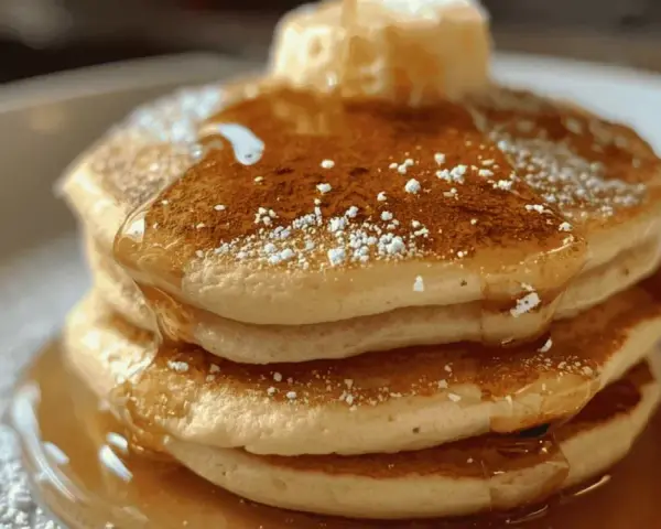 Pile de pancakes moelleux, nappés de sirop d'érable et saupoudrés de sucre glace. Une recette de pancakes qui fait saliver !