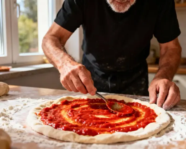 Un homme prépare une pizza, étalant un coulis de tomates sur la pâte avec une cuillère. La farine est saupoudrée sur la table.