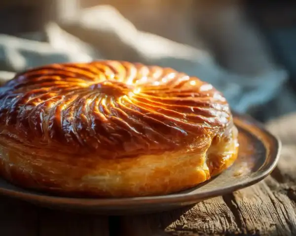 Un délicieux pithiviers gateau doré, aux feuilletages brillants, prêt à être dégusté sur une table en bois rustique.