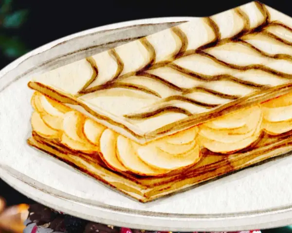 Gâteau rectangulaire avec des couches de pâte feuilletée et de crème pâtissière, décoré de fines lignes chocolatées.