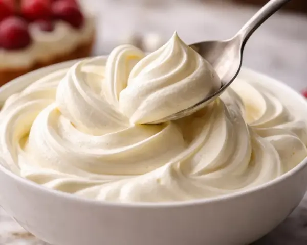 Une cuillère prélève une portion de chantilly mascarpone onctueuse dans un bol blanc. Des fruits rouges sont visibles en arrière-plan.