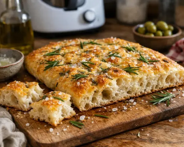 Une focaccia dorée, garnie de romarin frais et de gros sel, prête à être dégustée. Une recette simple pour un pain savoureux.