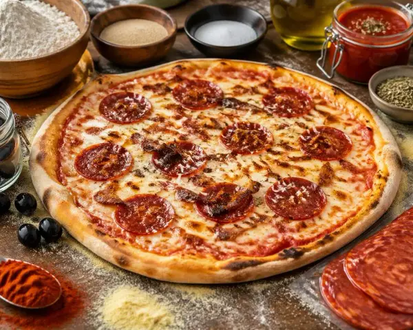 Pizza chorizo appétissante, garnie de rondelles de chorizo croustillantes, entourée d'ingrédients frais pour une création parfaite.