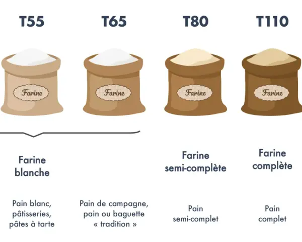 Sacs de farine T45 à T150, de la farine blanche à la farine intégrale, idéale pour le pain au son.
