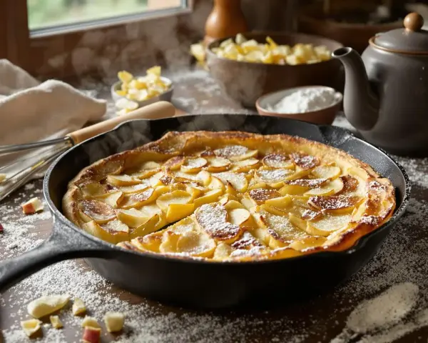 Un matefaim de grand-mère aux pommes, tout juste sorti du four, saupoudré de sucre glace. Une gourmandise réconfortante.
