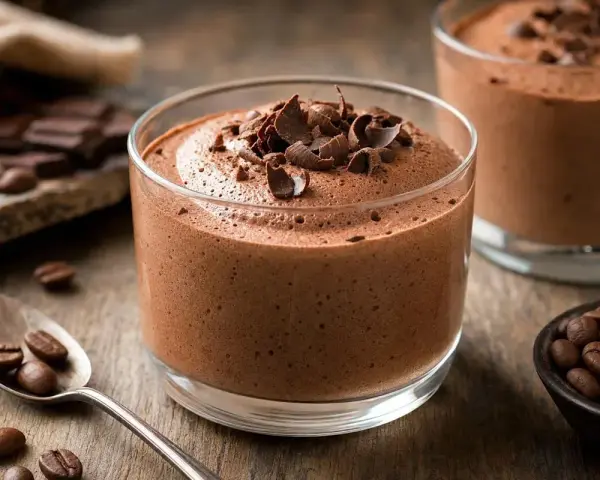 Délicieuse mousse au chocolat aérienne, garnie de copeaux de chocolat. Des grains de café et du chocolat noir sont disposés autour.