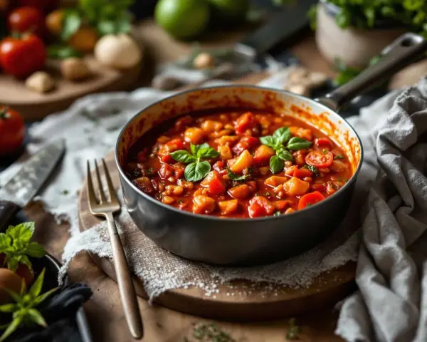 Une poêle remplie de sauce tomate maison, garnie de basilic frais. Des tomates et des herbes sont disposées autour.
