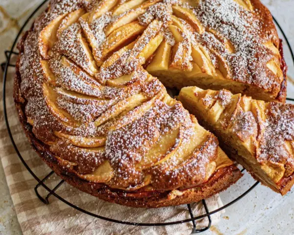 Gâteau mascarpone pommes, une tranche coupée, saupoudré de sucre glace. Un délice doré et moelleux.