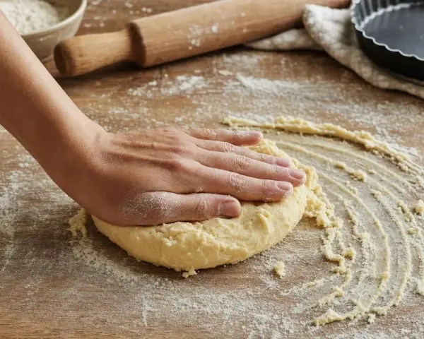 Main d'une personne travaillant une pâte brisée sur une table en bois, entourée de farine, d'un rouleau et d'un moule à tarte.