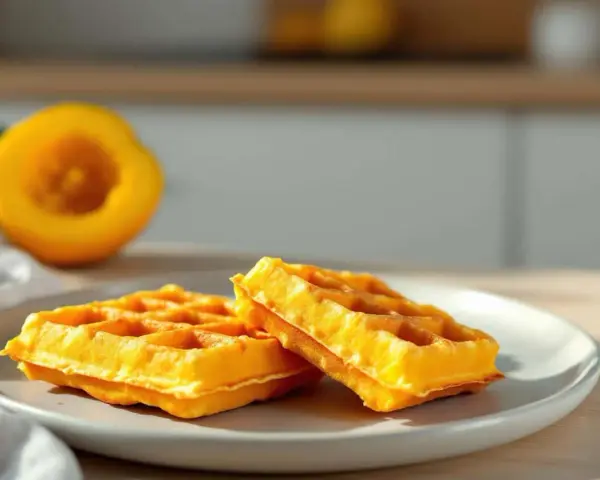 Deux gaufres lyonnaises dorées sur une assiette, avec une courge coupée en deux en arrière-plan.