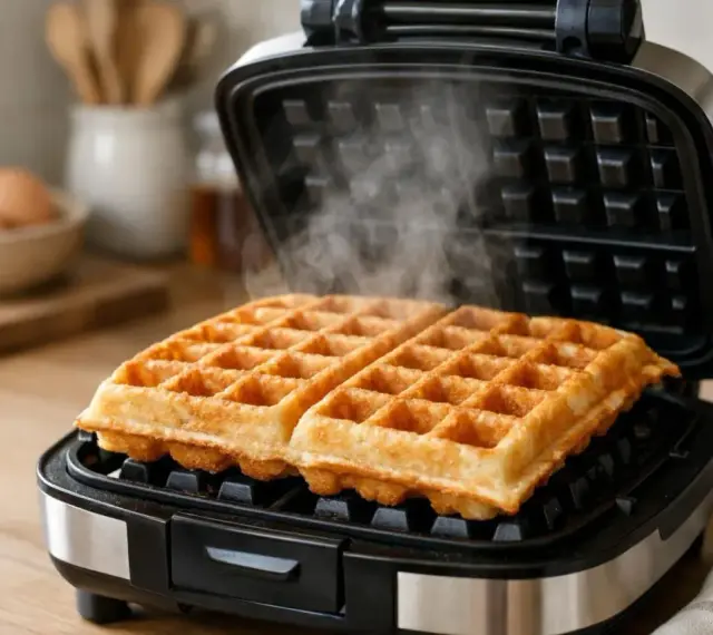Deux gaufres dorées et croustillantes sortent d'une gaufrier, dégageant une vapeur appétissante. La recette gaufres croustillantes est un succès !