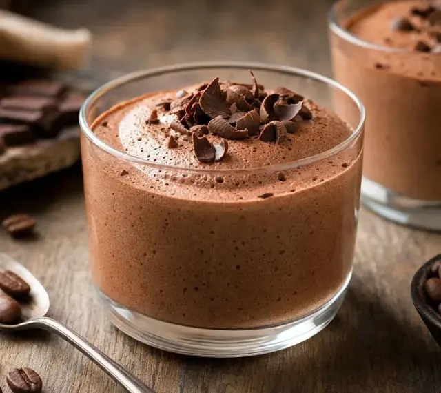 Délicieuse mousse au chocolat aérienne, garnie de copeaux de chocolat. Des grains de café et du chocolat noir sont disposés autour.