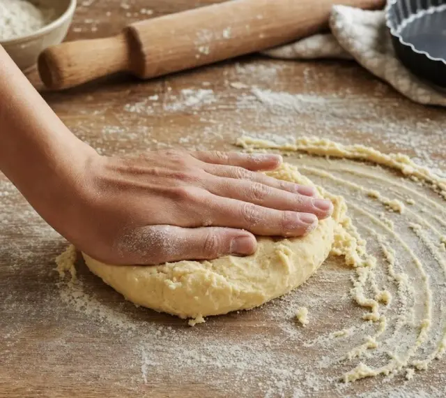 Main d'une personne travaillant une pâte brisée sur une table en bois, entourée de farine, d'un rouleau et d'un moule à tarte.