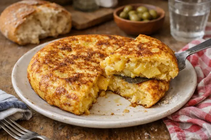 Une délicieuse tortilla de pommes de terre, prête à être dégustée. Une recette simple et savoureuse pour un repas parfait.