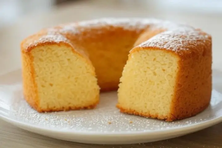 Gâteau moelleux en forme de couronne, saupoudré de sucre glace. Un délicieux dessert sans oeuf, parfait pour toutes les occasions.