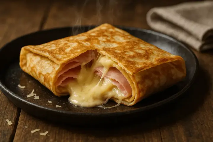 Crêpe garnie de jambon et de fromage fondant, dégageant une vapeur appétissante. Un délice simple et réconfortant.