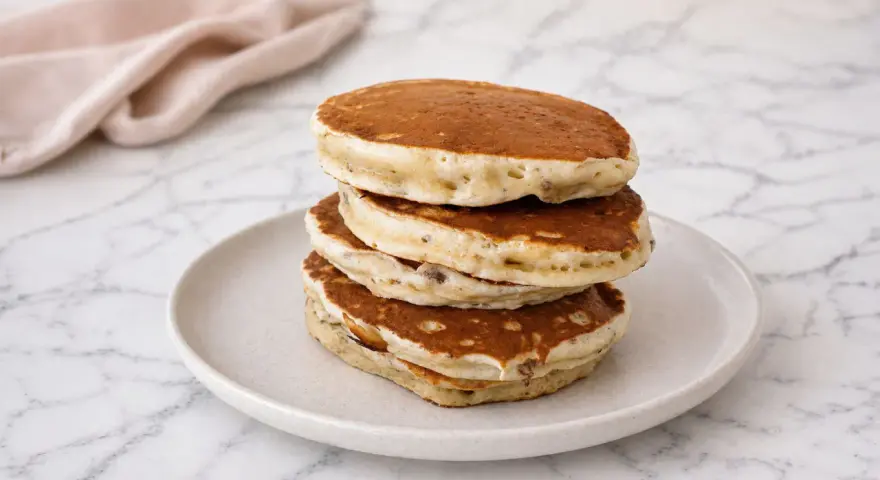 Pile de pancakes banane moelleux, dorés et aérés, servis sur une assiette claire.