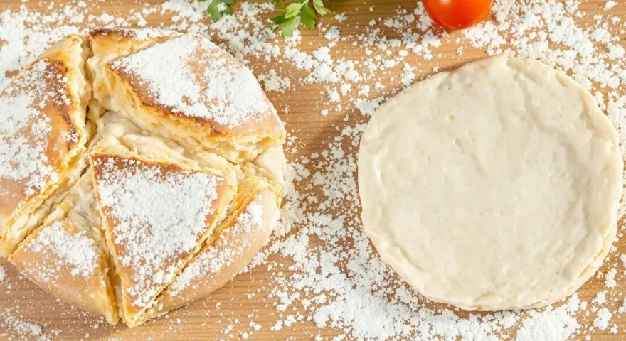 Une recette de pain maison : une miche dorée saupoudrée de farine à côté d'une pâte à pain crue, avec des tomates et du persil en arrière-plan.