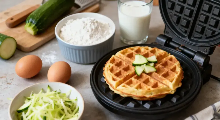 Gaufre courgette dorée dans un gaufrier, entourée d'ingrédients : courgettes râpées, œufs, farine et lait.