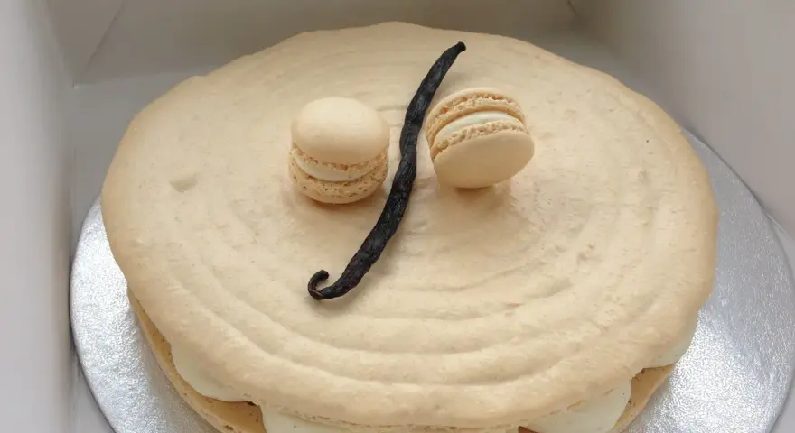 Un délicieux gâteau macaron à la vanille, orné de deux petits macarons et d'une gousse de vanille.
