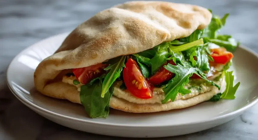 Sandwich pita garni de houmous, roquette et tomates. Une recette simple et savoureuse.