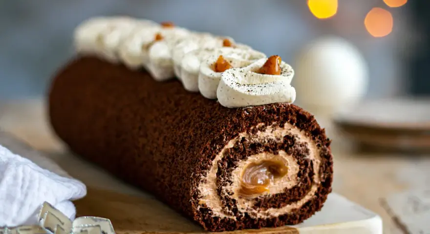Une délicieuse buche chocolat au lait, roulée et garnie de crème onctueuse, prête à être dégustée.