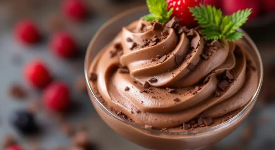 Une coupe de mousse au chocolat onctueuse, garnie de copeaux de chocolat, d'une framboise et de menthe. Parfait pour une recette mousse au chocolat onctueuse.