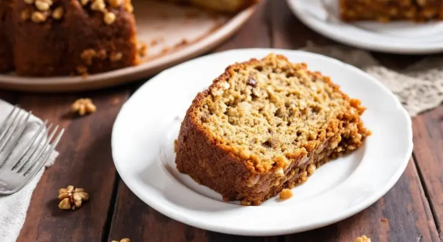 Tranche d'un gâteau aux noix de grand-mère moelleux, parsemé de noix sur une assiette blanche.