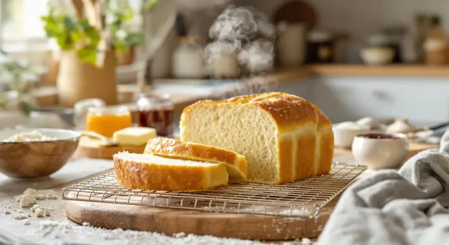 Un pain de mie doré et moelleux, encore chaud, est tranché sur une grille. Des pots de confiture et du beurre sont à proximité, prêts pour un petit-déjeuner gourmand.
