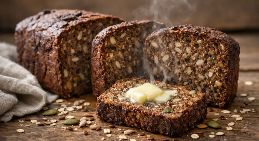 Tranche de pain nordique recette, garnie de beurre fondant et de vapeur s'échappant. Des graines et des flocons d'avoine parsèment la planche en bois.