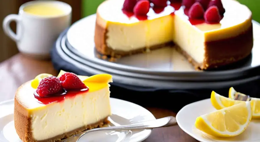 Une part de cheesecake crémeux, garnie de framboises et de coulis, parfaite pour une recette de cheesecake réussie.