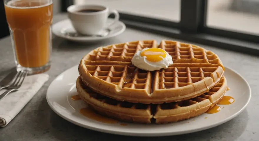 Gaufres dorées nappées de sirop, surmontées d'un œuf poché. Une tasse de café et un verre de jus complètent ce petit-déjeuner gourmand, parfait pour une recette gaufre réussie.