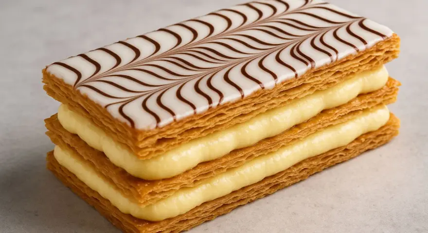 Une délicieuse feuille en pâtisserie, empilée avec de la crème pâtissière et décorée de glaçage blanc et chocolat.